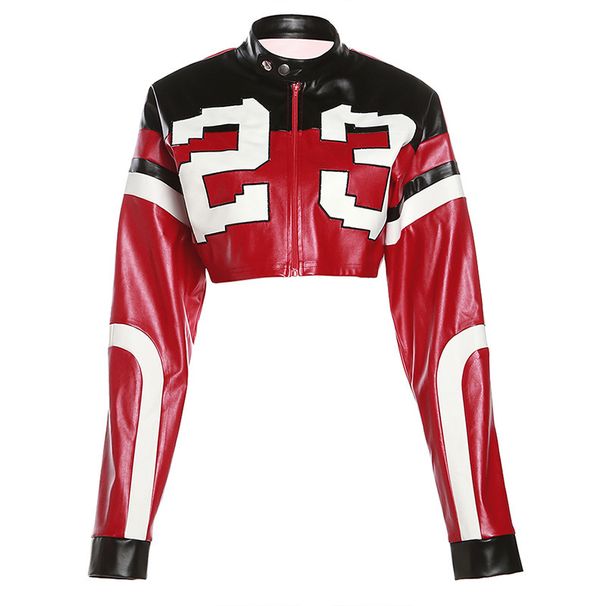 Women's Cropped Faux Leather Varsity Jacket, Red Black Color Block Letter Print Long Sleeve Zip Up Streetwear Coat, Casual Hip Hop Outerwear For Daily_ecoleips.com