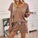 Women's Summer Two Piece Set V Neck Solid Color Elegant T-Shirt Wide Leg Tie Waist Shorts Casual Outfit_ecoleips.com
