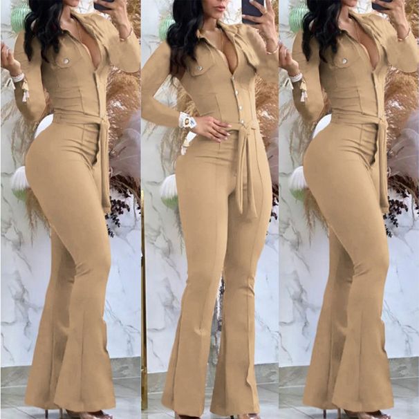 Jumpsuit Women 2025 Autumn Fashion Button Casual Turn-Down Collar Long Sleeve Skinny Bootcut Jumpsuit With Belt Y2K Streetwear_ecoleips.com