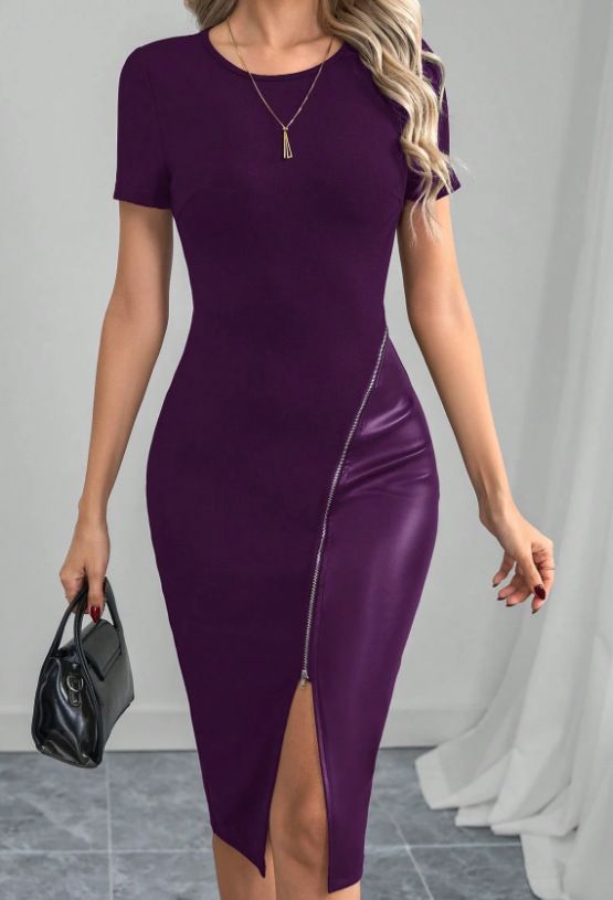Women's Black PU Patchwork Bodycon Dress Zip Up Short Sleeved Thigh High Slit Casual Fashion Design Dress_ecoleips.com