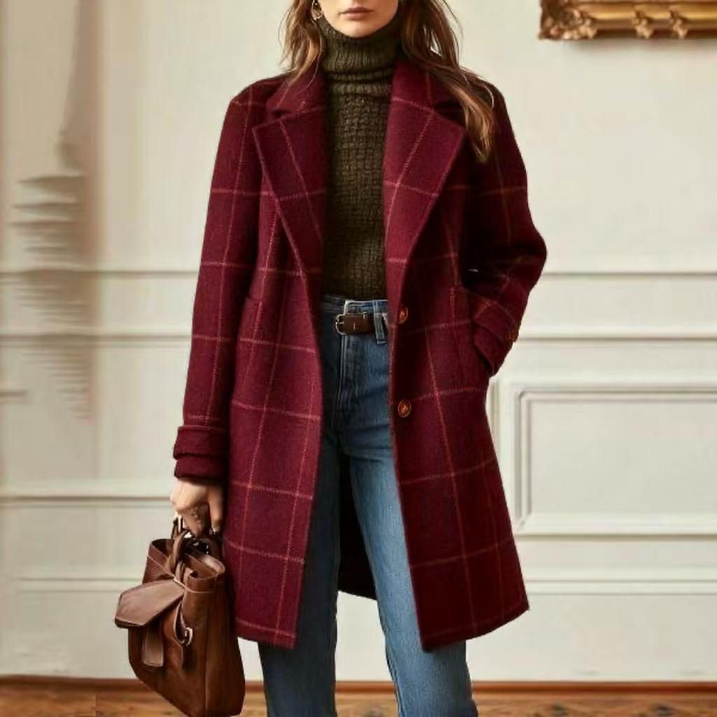 Women's Retro Plaid Wool Coat Mid-Length Lapel Casual Temperament European American Style Trench Cross Border 2025_ecoleips.com