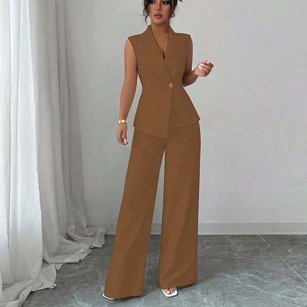 Chic Two-Piece Design Elegant American Style Women's Suit Solid Color Vest Straight Leg Trousers Set Autumn Clothing_ecoleips.com