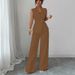 Elegant Solid Color Vest & Straight Pants Set - Polyester, Sleeveless, Button Detailing, Beige/Brown, S-XL"_ecoleips.com