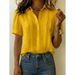 Women's Linen Blend Short Sleeve Shirt, Casual Button Down Shirt With Folded Collar And Relaxed Fit For Summer, Breathable Office Commuter Blouse_ecoleips.com