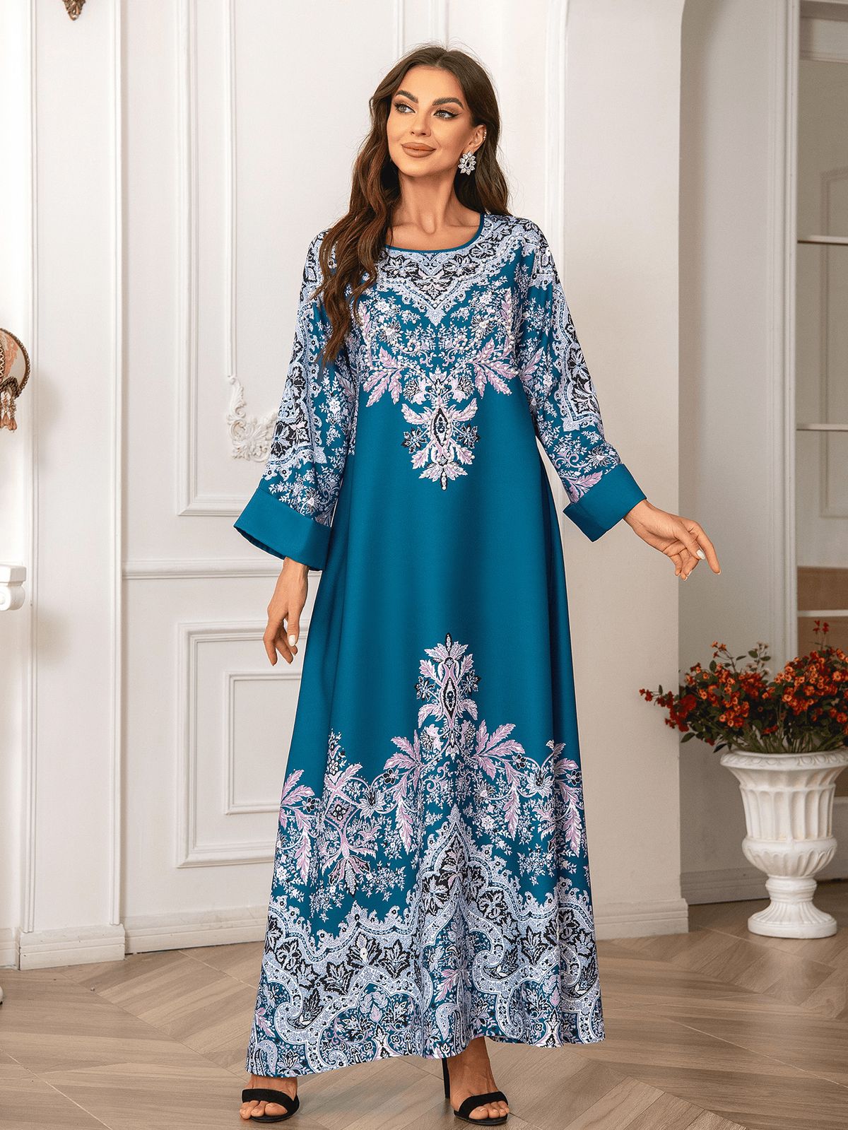 Elegant plus Size Long Robe Dress ZD019 European American Style Printed Dress with Rhinestone Embellishments for Women_ecoleips.com