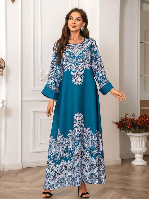 Elegant plus Size Long Robe Dress ZD019 European American Style Printed Dress with Rhinestone Embellishments for Women_ecoleips.com