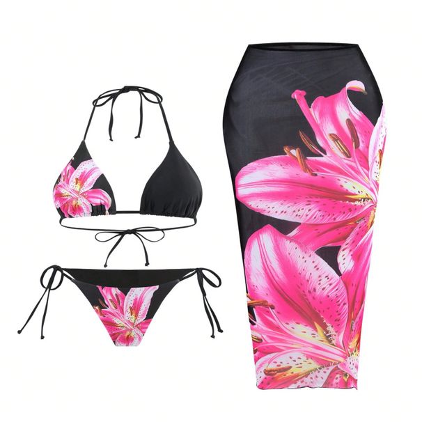 Women's 3-Piece Printed Bikini Set - Slim Wrap Skirt & Matching Swimsuit For Beach & Pool_ecoleips.com