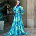 Modest Abaya Dress/Muslim Dress Women Elegant Floral Print Maxi Dress – Long Boho Dress With High Neck & Belt Detail_ecoleips.com