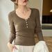 2025 #Craftsmanship Selection # American Button V-Neck Long Sleeved T-Shirt Women's Pure Cotton 2025 Autumn New Shoulder Top_ecoleips.com