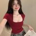 Women's Short Sleeved T Shirt, 2026 Summer New Style, French U Shaped Square Neck, Student Short Top, Slim Fit, Low Neck, Trendy._ecoleips.com