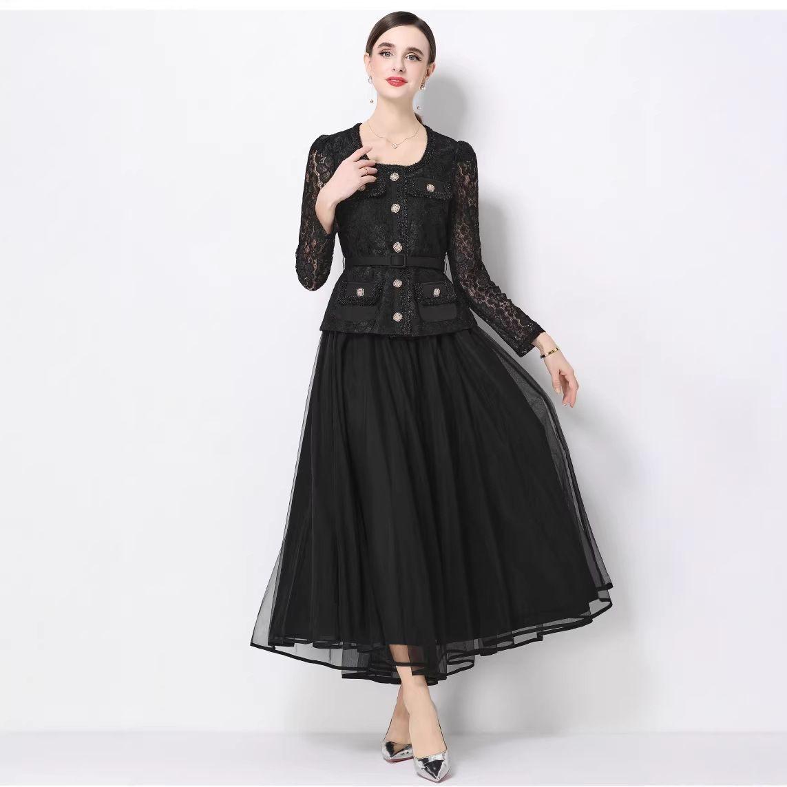 Women's Clothing Luxurious Lace Woven Two Piece Set With Metal Buckle Jacket And Full Skirt High End Hepburn Style For Women Round Neck_ecoleips.com