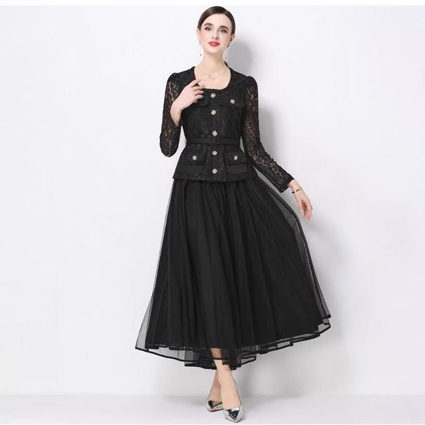 Women's Clothing Luxurious Lace Woven Two Piece Set With Metal Buckle Jacket And Full Skirt High End Hepburn Style For Women Round Neck_ecoleips.com