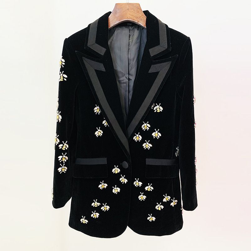 Women’s Slim-Fit Velvet Blazer With Diamond Beading – Elegant Office & Evening Jacket, Black, S-XXXL_ecoleips.com