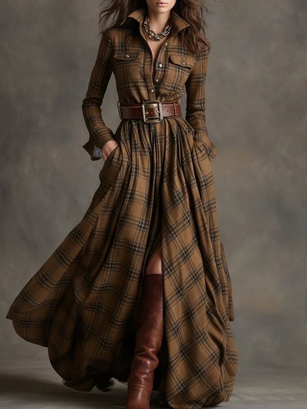 Plus Size Women's Retro Plaid Slimming Irregular Dress With Free Belt Included New_ecoleips.com
