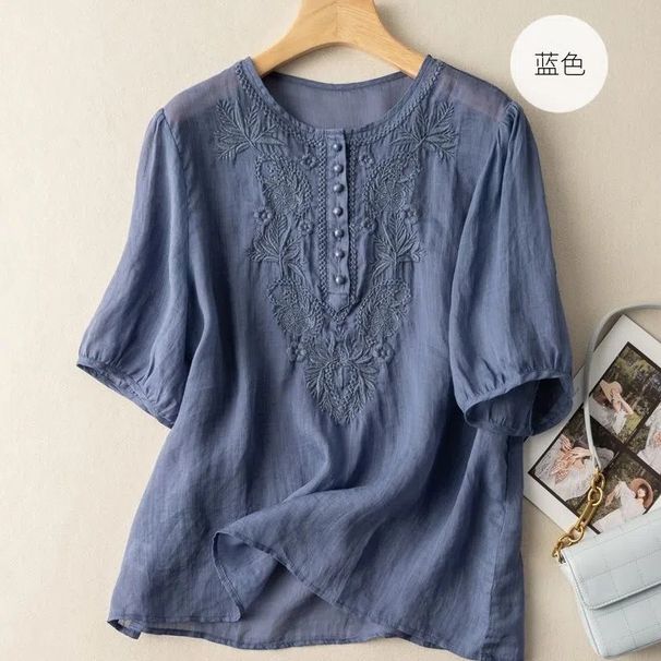 Short-Sleeved, Summer, Artistic, Retro, Loose Design, Embroidered Round-Neck, Thin Cotton And Linen Women's Top_ecoleips.com