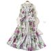 Women's French Style Lace Patchwork V Neck Dress Printed Slimming Long Skirt Single Breasted Waist Cinching Spring Autumn_ecoleips.com