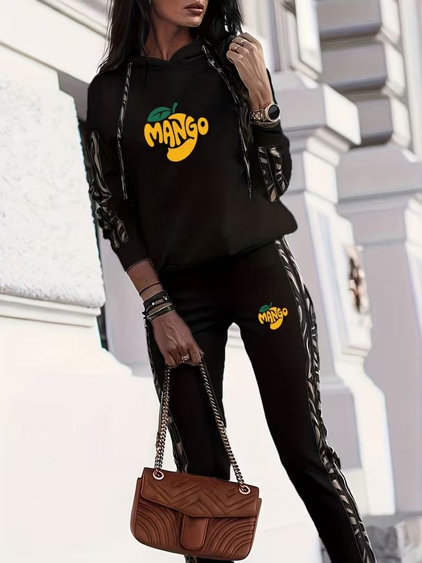 Women's Autumn Winter Unique Print Classic Two Stripes Loose Fitting Comfortable Hooded Sweatshirt Set_ecoleips.com