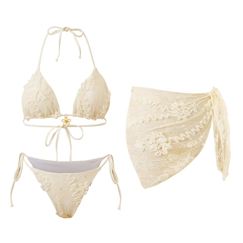 New European American Style Women's Swimwear, Pure And Alluring Bikini Three-piece Set With Lace Sexy Cover-up Skirt,_ecoleips.com