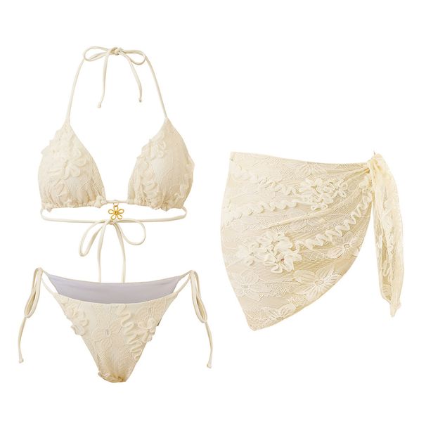 New European American Style Women's Swimwear, Pure And Alluring Bikini Three-piece Set With Lace Sexy Cover-up Skirt,_ecoleips.com