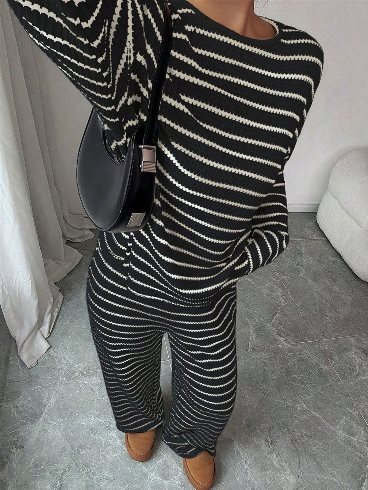 Women's Casual Loose Fitting Striped Trousers Suit with Tie Waist round Neck Long Sleeved Top European And American Style Autumn Winter Collection_ecoleips.com