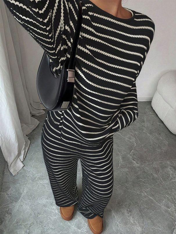 Women's Casual Loose Fitting Striped Trousers Suit with Tie Waist round Neck Long Sleeved Top European And American Style Autumn Winter Collection_ecoleips.com