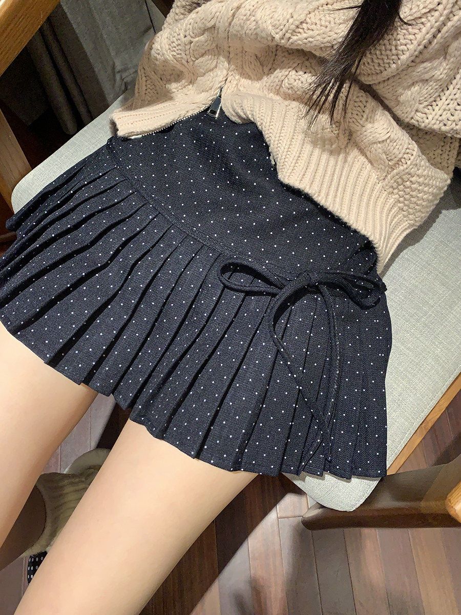 Preppy Style Red Polka Dot Midi Skirt High Waisted Slimming Tie Waist Petite Pleated New Autumn Women's Bottoms_ecoleips.com