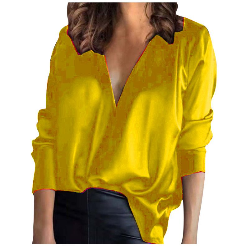V-neck Pullover Solid Color Elegant Commuter Satin Long Sleeve Shirt For Women_ecoleips.com