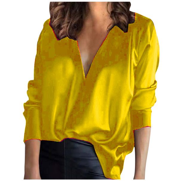 V-neck Pullover Solid Color Elegant Commuter Satin Long Sleeve Shirt For Women_ecoleips.com
