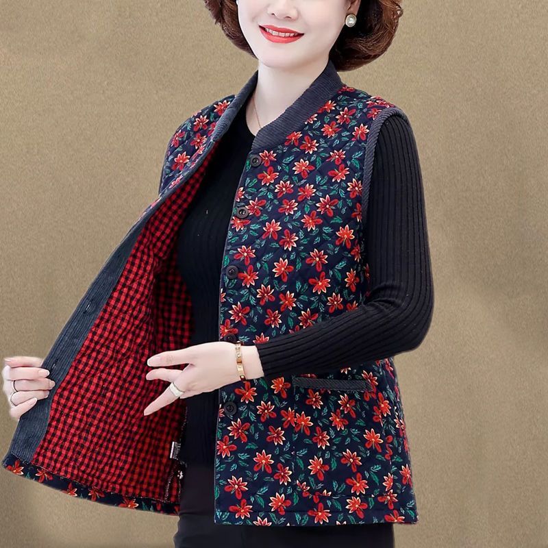 Women's autumn-wear plus cotton vest print new vest jacket for the elderly autumn-winter waistcoat large size_ecoleips.com