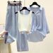 Women’s Clothing Large Size 200 Pounds Fat Girl Summer Suit Female Striped Shirt Small Suspenders Slim Jeans Three Piece Suit_ecoleips.com