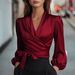 Elegant Satin V Neck Slimming Top For Women Tie Waist New Style Spring Autumn Independent Websites_ecoleips.com