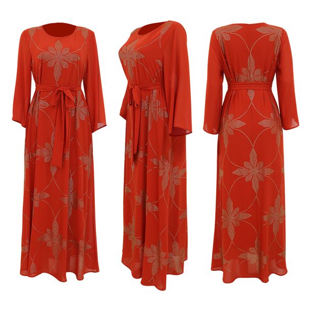 Modest Abaya Dress Elegant Snowflake Diamond Print – Thickened Chiffon Belted Dress With Lining, Flowy Women’s Dress For Winter_ecoleips.com