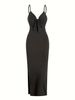 Women's Long V Neck Dress Slim Fit Backless Hollowed out Slit Tie up Summer Sexy Ins European American Cross Border Style_ecoleips.com