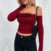 Voya Women's Sexy Christmas Wine Red T-shirt For Spring And Summer 2026 New Style One Shoulder Fur Collar Top_ecoleips.com