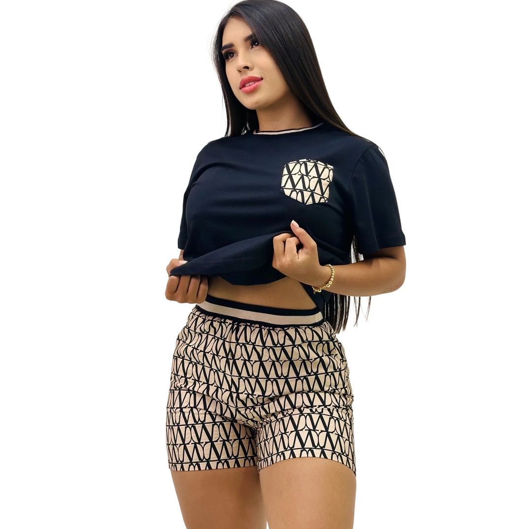 European And American Cross-border Women's Clothing, New Summer Fashion Printed Round-neck Pocket Short-sleeve Shorts_ecoleips.com
