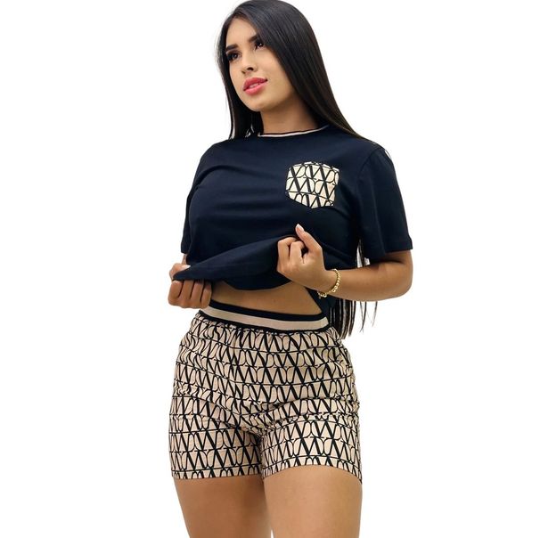 European And American Cross-border Women's Clothing, New Summer Fashion Printed Round-neck Pocket Short-sleeve Shorts_ecoleips.com
