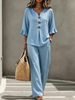 Women's Casual Cotton Linen Set V Neck Button up Top with Wide Leg Pants Two-Piece Fashionable European American Style_ecoleips.com