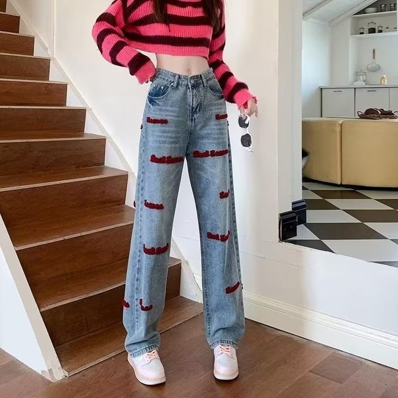 2023 Spring And Autumn New American Style High Street Embroidered Jeans For Women, Loose Wide-Leg Straight High-Waisted_ecoleips.com