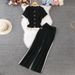 Fashionable And Stylish Sports Contrast Color Short Sleeved Knitted Jacket Top + Wide Leg Pants Two Piece Temperament Women's Suit_ecoleips.com