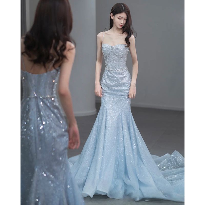 Blue French Style Halter Neck Mermaid Gown for Women Stunning Bridesmaid Dress Perfect for Toasting Art Exams Or Banquet Hostess_ecoleips.com