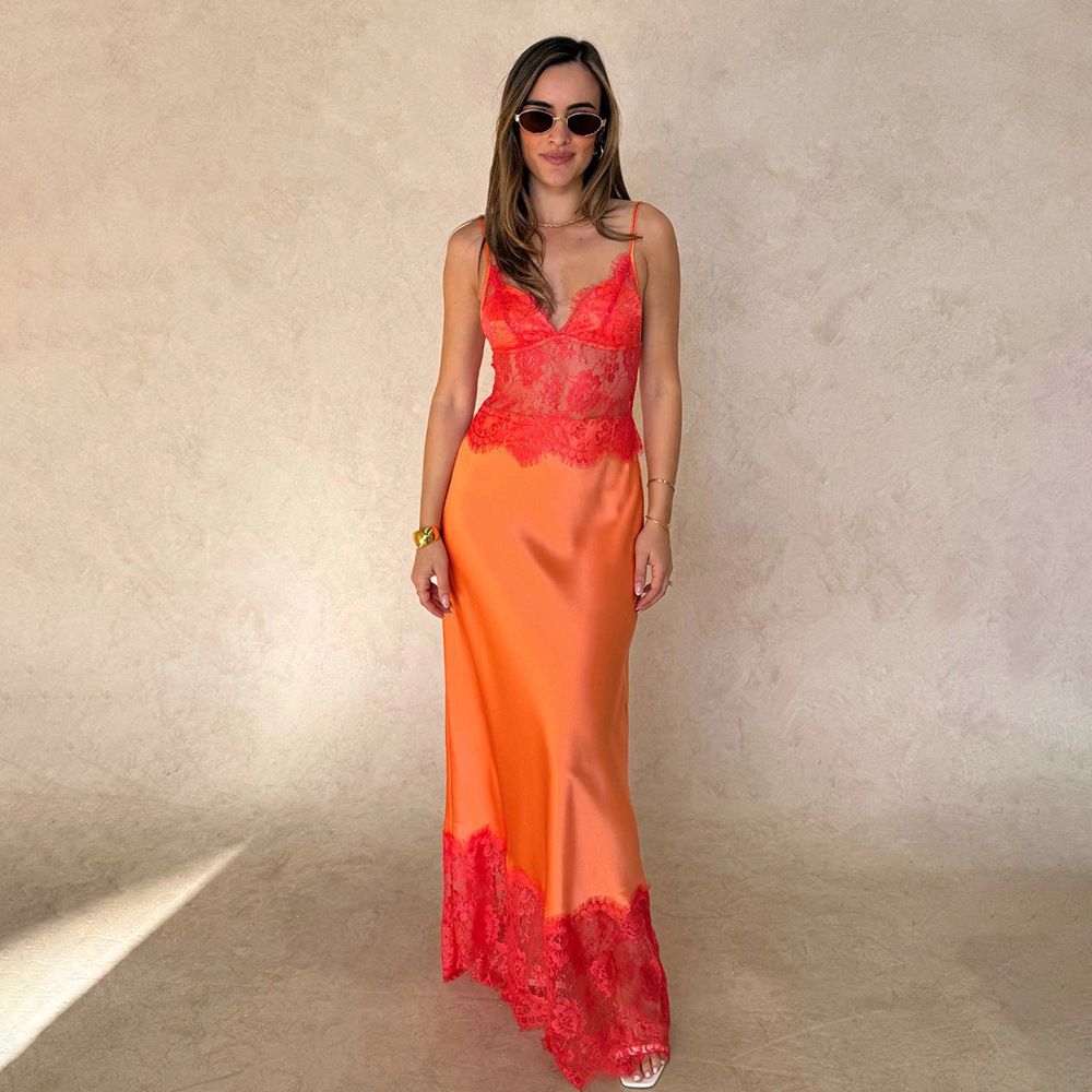 Spring/Summer Fashion Deep V Neck See through Backless Long Dress Sexy Spaghetti Strap Lace Patchwork European American Style Women's Dress_ecoleips.com