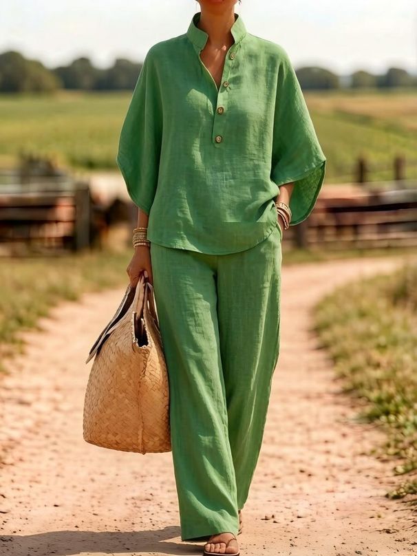 Women's Linen-Blend Button-Down Shirt & Wide-Leg Pants Set | Breathable Spring Summer Casual Outfit In 7 Colors_ecoleips.com