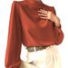Women's Clothing Elegant And Sophisticated Elegant Brick Red Blouse – High Neck Relaxed Fit Long Sleeve Top For Effortless Sophistication_ecoleips.com