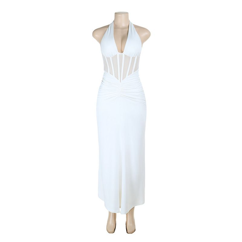 Women's Halter Neck Pleated Hollow Elegant Backless Dress European Style Casual Sexy Banquet Gown For Adults Thin Summer Fabric_ecoleips.com