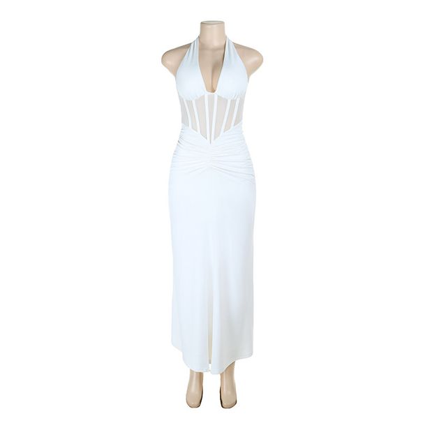Women's Halter Neck Pleated Hollow Elegant Backless Dress European Style Casual Sexy Banquet Gown For Adults Thin Summer Fabric_ecoleips.com