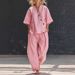 Women's Clothing Women's Fashion Two Piece Set Style V Neck Loose Short Sleeve Top With High Waisted Trousers Solid Color Casual_ecoleips.com