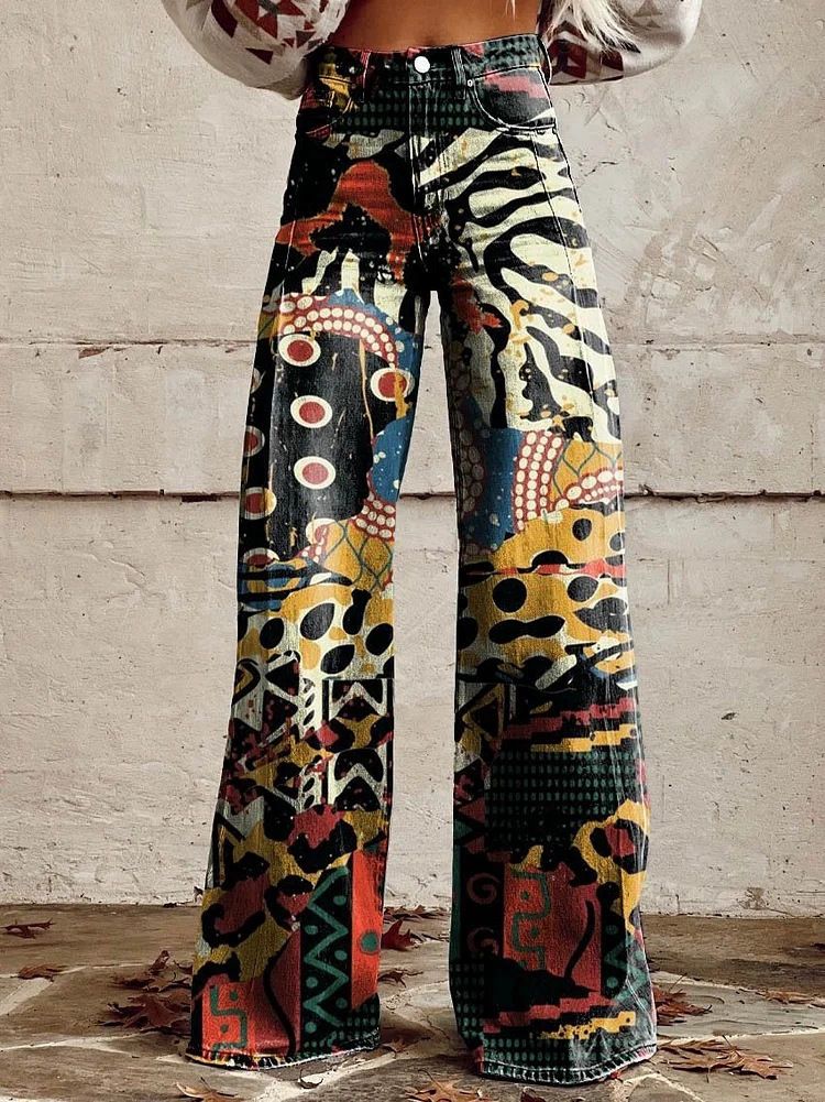 Women's plus Size Faux Denim Wide Leg Pants 3D Printed Casual Flare Pants Popular Style Cross Border Foreign Trade_ecoleips.com