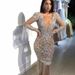 2025 Women's Deep V-Hollow Sleeved Gold Sprinkled Long Skirt Dress_ecoleips.com
