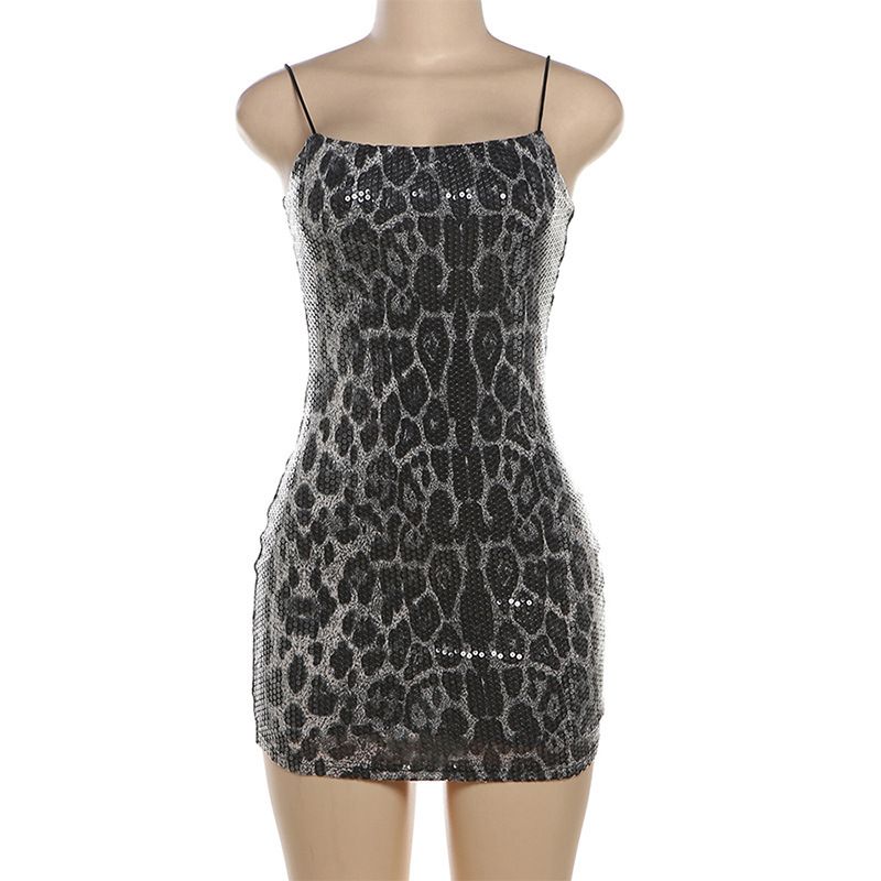 K New Women's Fashionable And Sexy Suspender Backless Printed Leopard Print Sequin Wrapped Hip Dress_ecoleips.com
