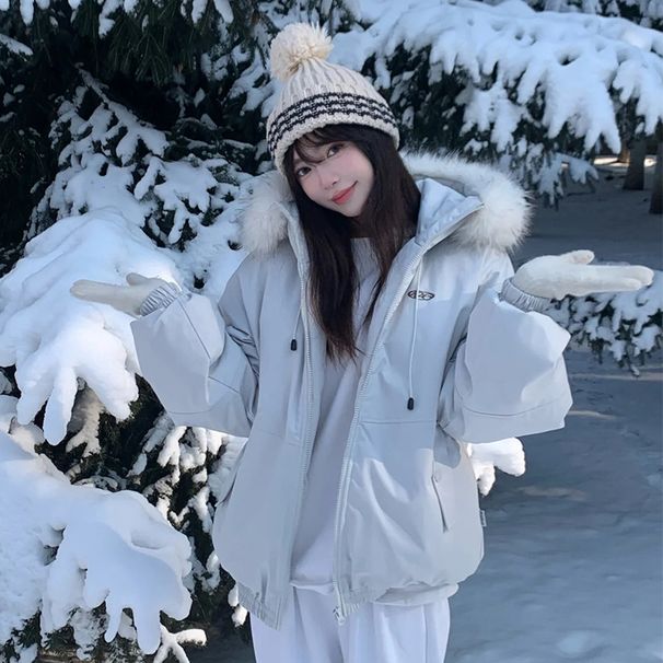 girl 2025 New Winter Women's Down Parka With Large Fur Collar, Loose Fit, Slimming Short Thickened Workwear Cotton Jacket_ecoleips.com